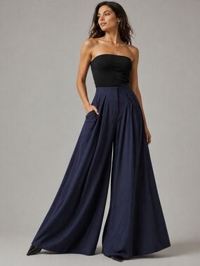 Anthropologie High Rise Pleated Wide Leg Trousers Navy Size 14